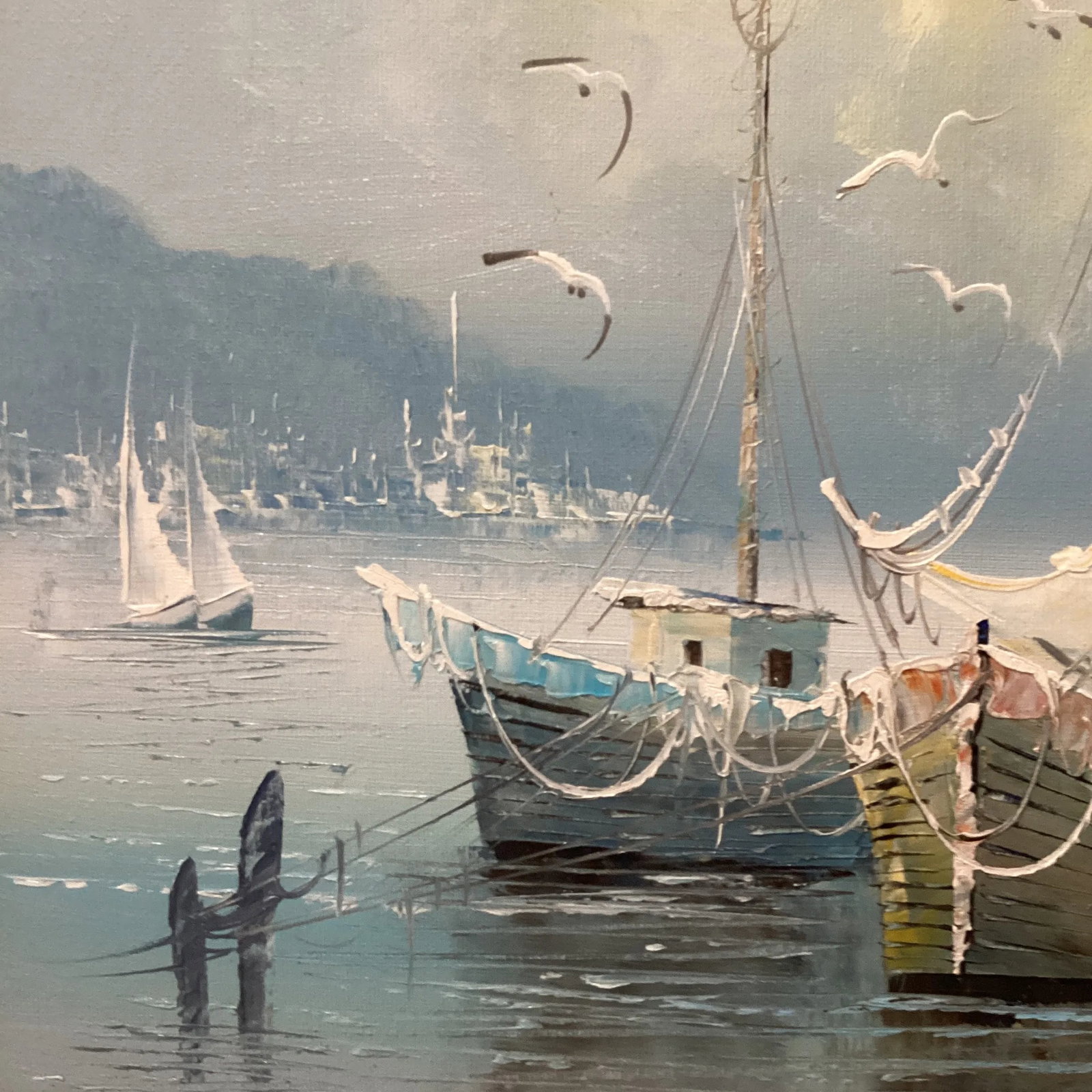 1980s Vintage Seascape Oil Painting on Canvas "Morning Boats" by K. Thomas, Framed - 8