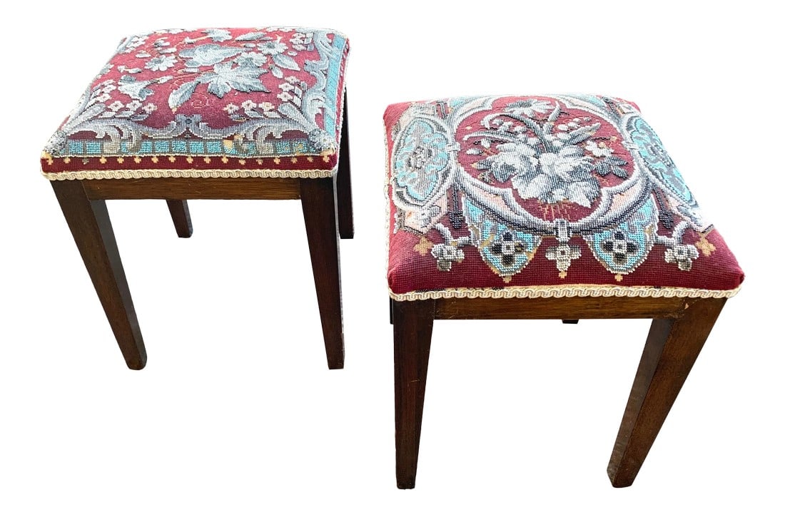 Victorian Antique Beaded Stools - a Similar Pair: Beautifully aged wood stools with a beaded upholstery seat. Striking color way including burgundy, turquoise and pink. Stools are similar but not identical. The sizes vary - height is the same. From