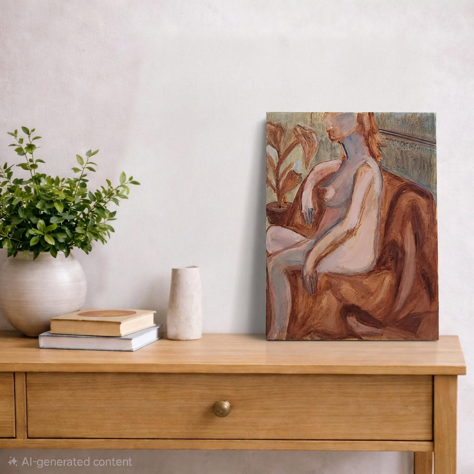 Mid-Century Modern Female Nude Painting – Warm Earth Tones, Vintage Figurative Art - 2