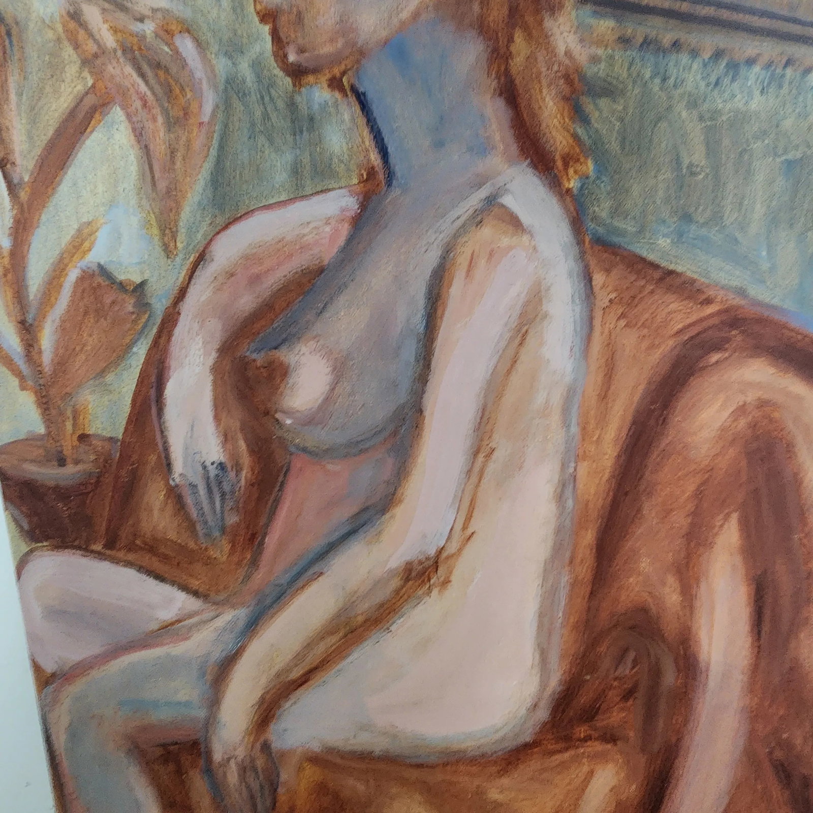 Mid-Century Modern Female Nude Painting – Warm Earth Tones, Vintage Figurative Art - 3
