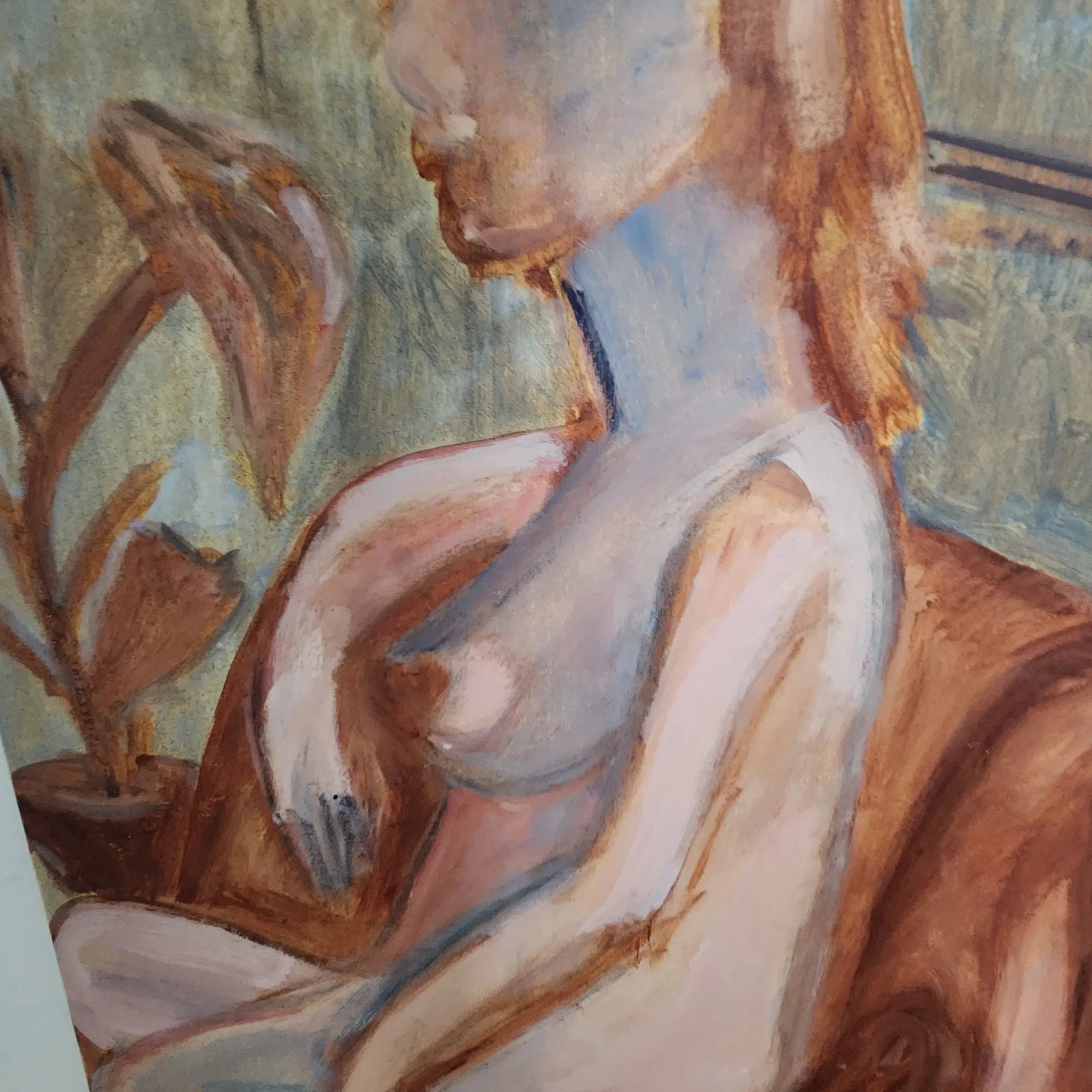 Mid-Century Modern Female Nude Painting – Warm Earth Tones, Vintage Figurative Art - 4
