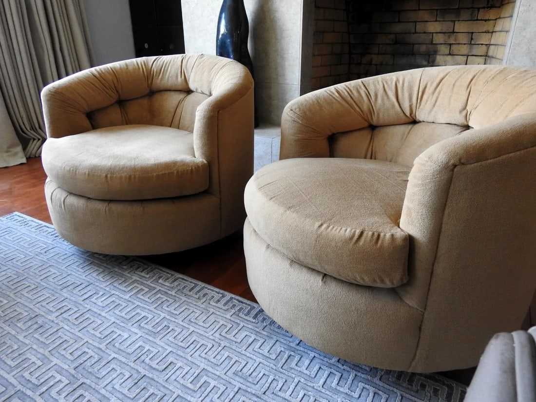 1970s Karpen of California Barrel 360 Swivel Lounge Chairs Camel Brown Plush - Set of 2 - 10