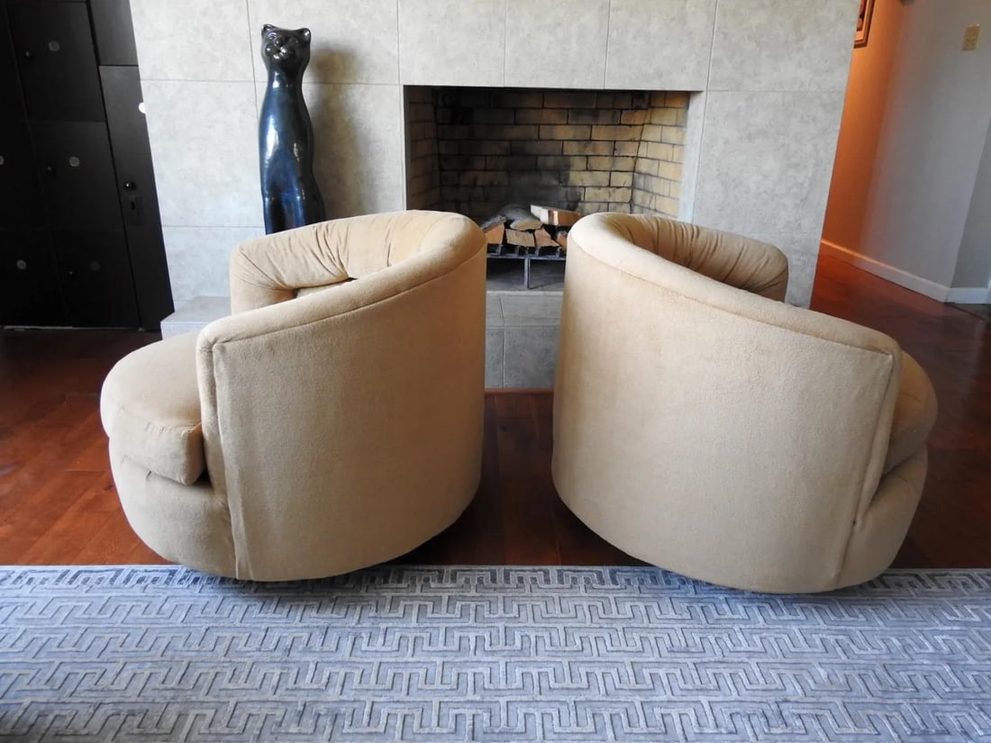 1970s Karpen of California Barrel 360 Swivel Lounge Chairs Camel Brown Plush - Set of 2 - 5