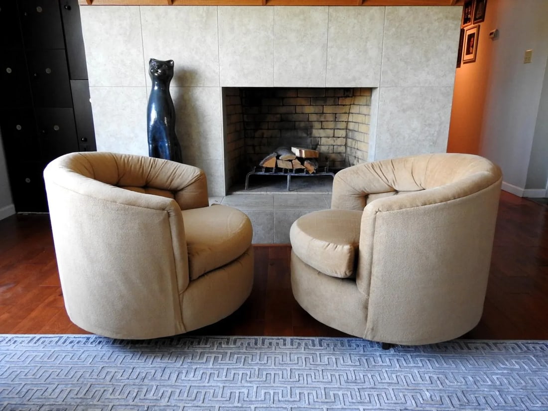 1970s Karpen of California Barrel 360 Swivel Lounge Chairs Camel Brown Plush - Set of 2 - 6