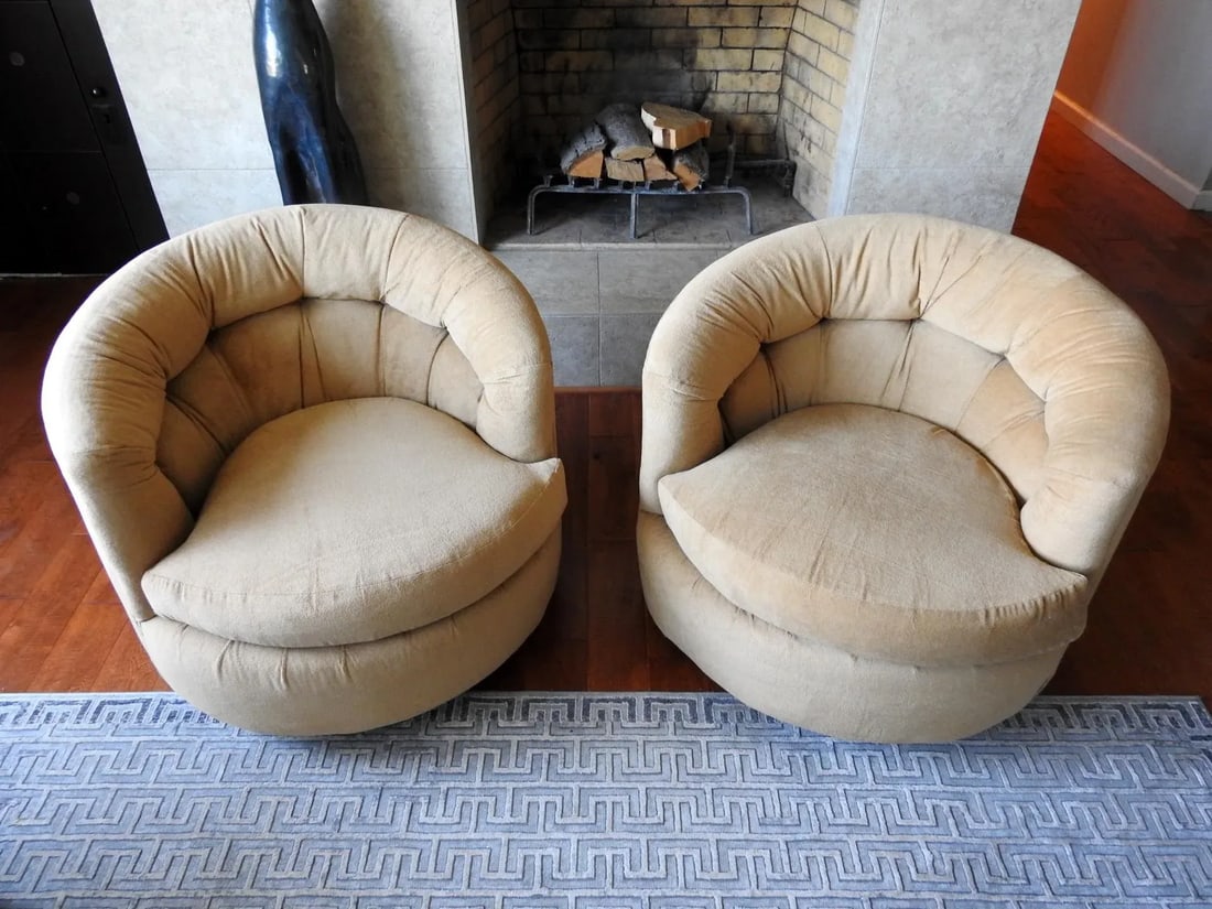 1970s Karpen of California Barrel 360 Swivel Lounge Chairs Camel Brown Plush - Set of 2 - 7