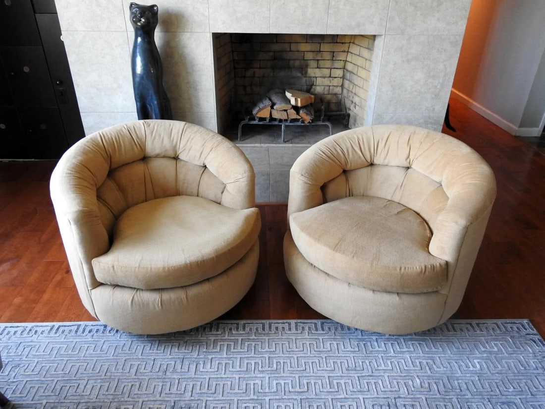1970s Karpen of California Barrel 360 Swivel Lounge Chairs Camel Brown Plush - Set of 2 - 8