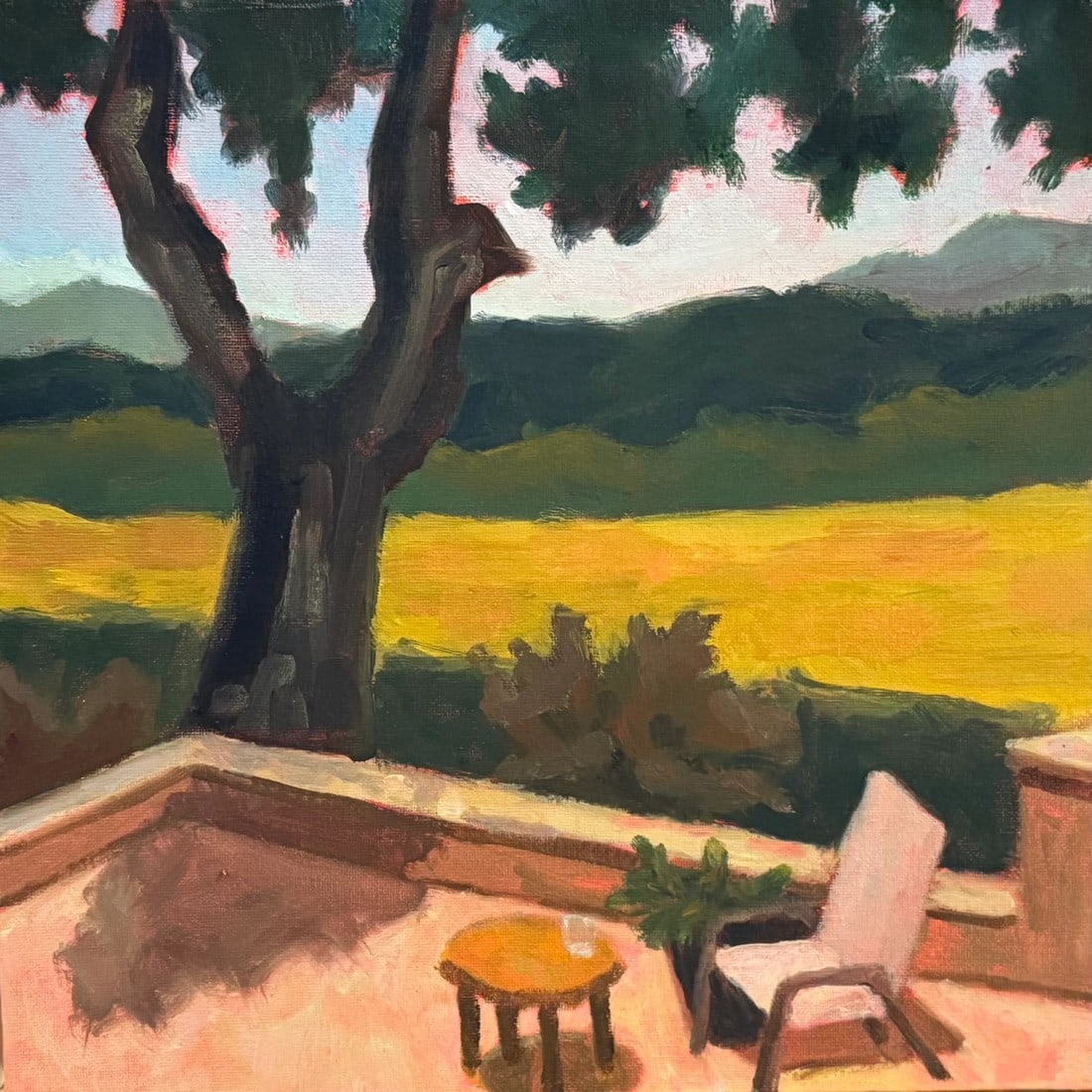 Patio at Bend House, Ft. Lewis, Bath County Va Contemporary Landscape Oil Painting by Teresa DiMar: This landscape oil painting was painted onsite, "en plein air" in Bath County, Virginia, at Fort Lewis Farm. The subject was painted in the fall from the patio at the Bend House looking under the tree
