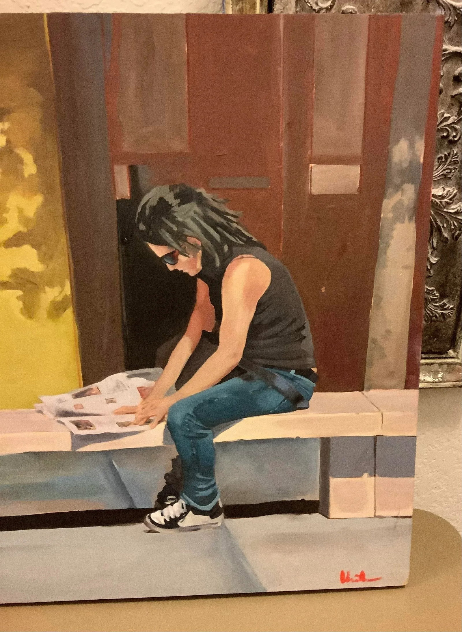 Modern Realism Lady Reading Newspaper Painting on Board - 4