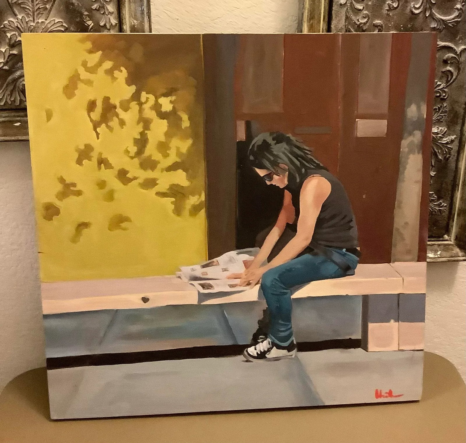 Modern Realism Lady Reading Newspaper Painting on Board - 5