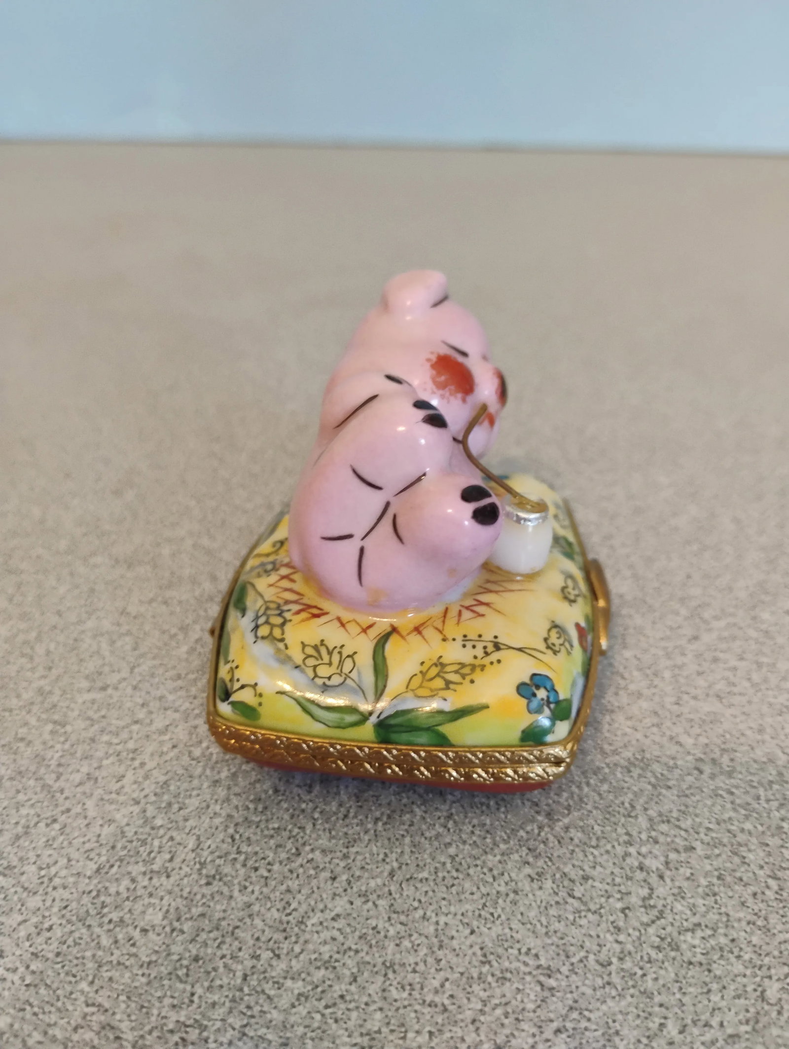 1980s Lt Pient Main Limoges France Trinket Box, Pig on a Pillow - 2