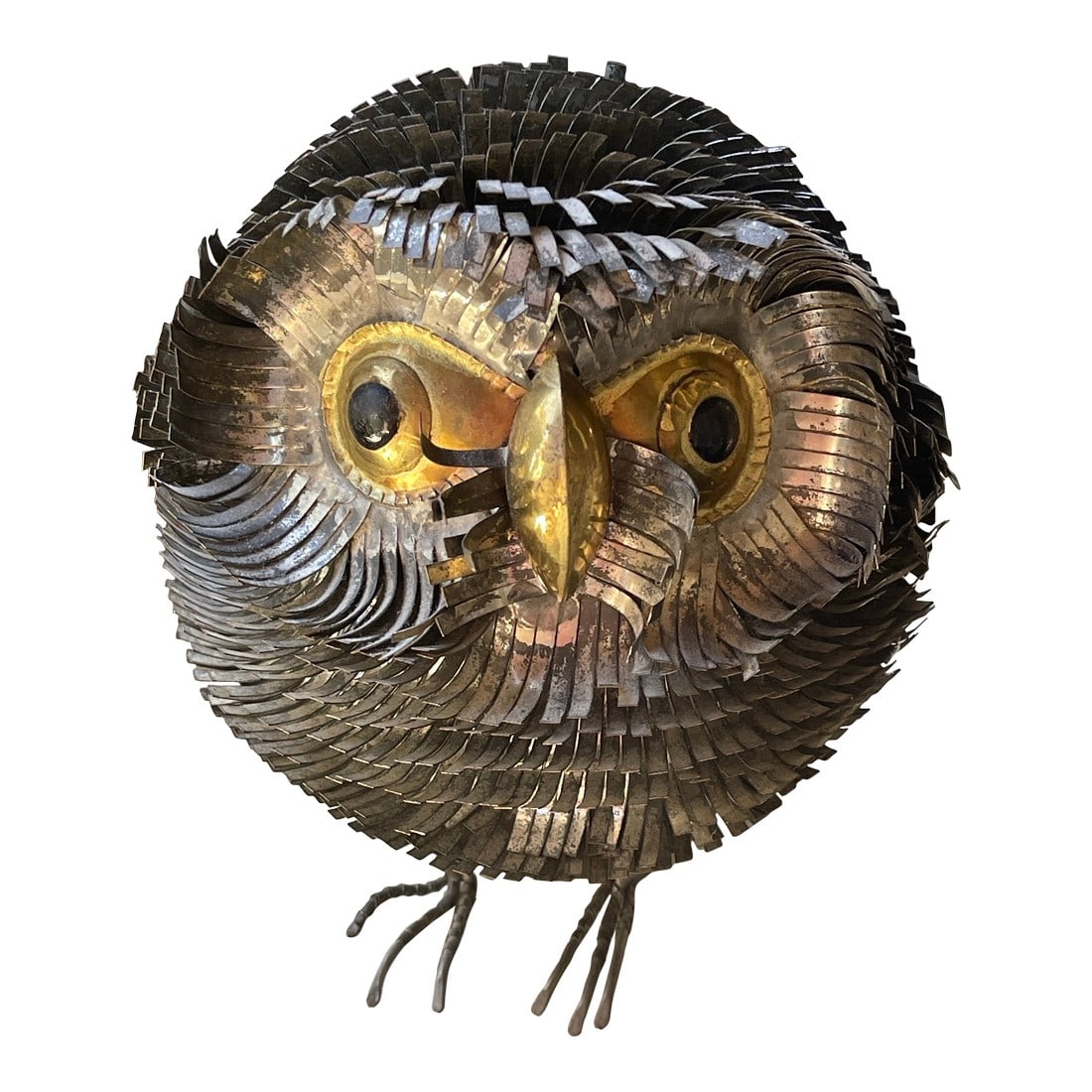1970s Attribution: Sergio Bustamante Owl Textured Metal Mid Century Art Sculpture: Fabulous Circa 1970"s Art Sculpture Attributed to Sergio Bustamante. This piece is typical of the style and materials used by the renowned Mexican artist. The piece showcases the distinctive style and