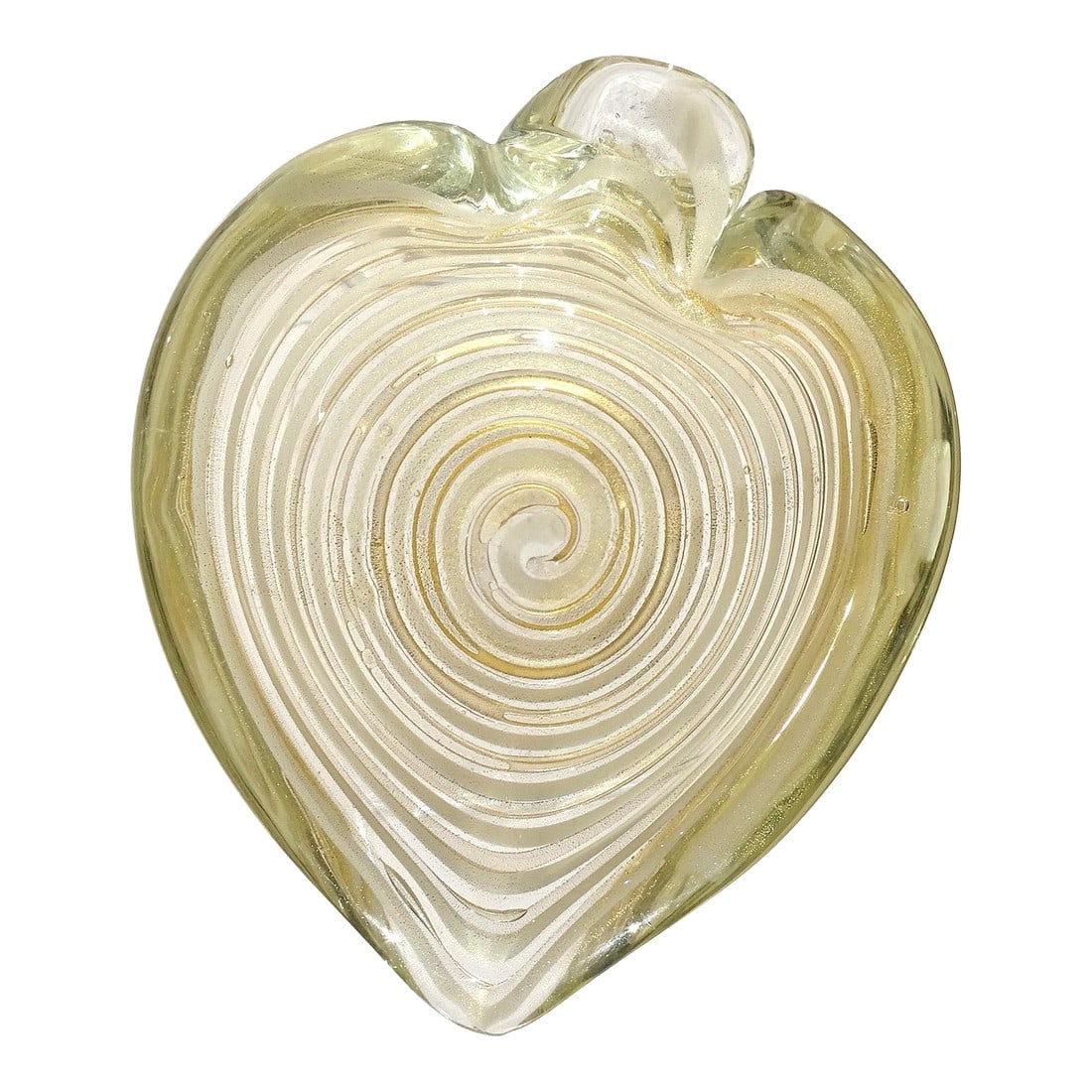 Murano Barovier Toso Vintage Gold Flecks White Swirl Italian Art Glass Heart Ashtray Dish Bowl: Beautiful vintage Murano hand blown white and gold flecks Italian art glass heart shaped bowl. Documented to the Barovier e Toso company. The bowl has a decorative optic swirl design in white glass.