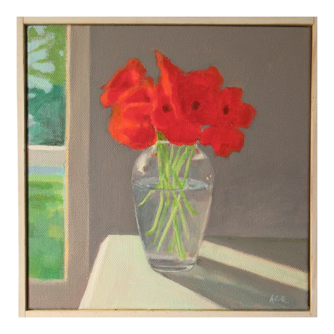 Nasturtium by Anne Carrozza Remick: The Nasturtium are from my garden and painted from life. It's 8 x 8 inches, acrylic on primed canvas, comes framed with white wood lattice, wired, signed and ready to hang up as soon you open the