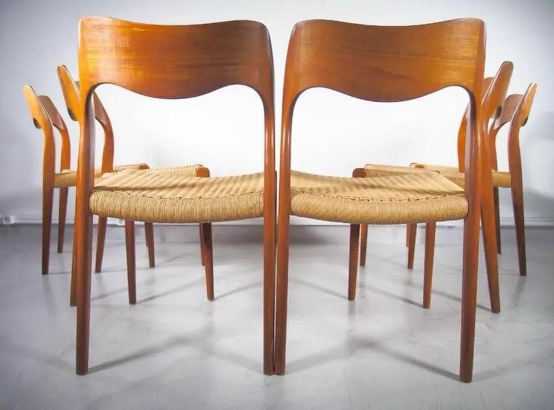 1950s Set of 4 Niels Otto MÃ¸ller Teak and Paper Cord Dining Chairs - 4
