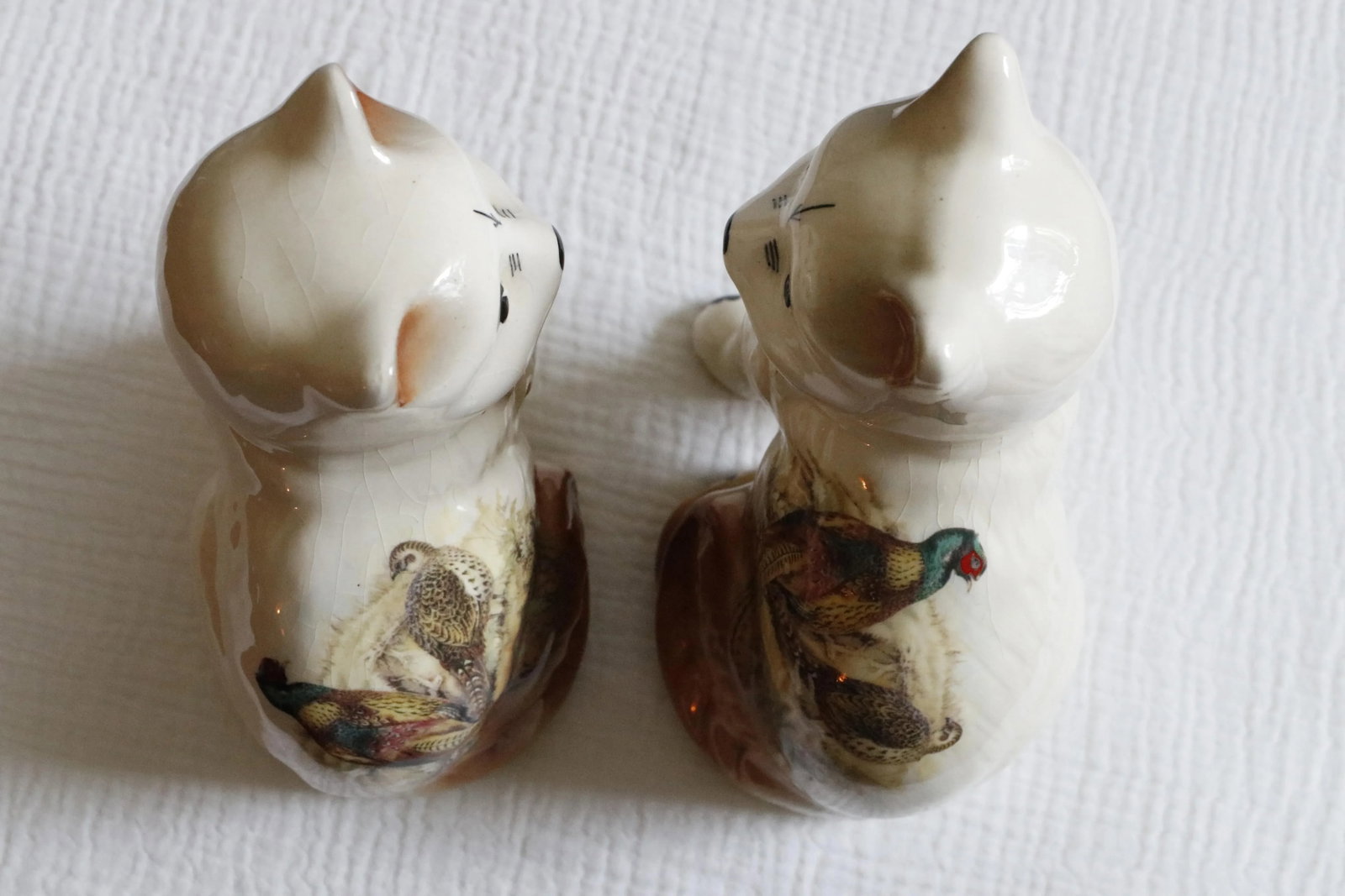 Pair of Staffordshire English Porcelain Cats With Painted Pheasants - 13