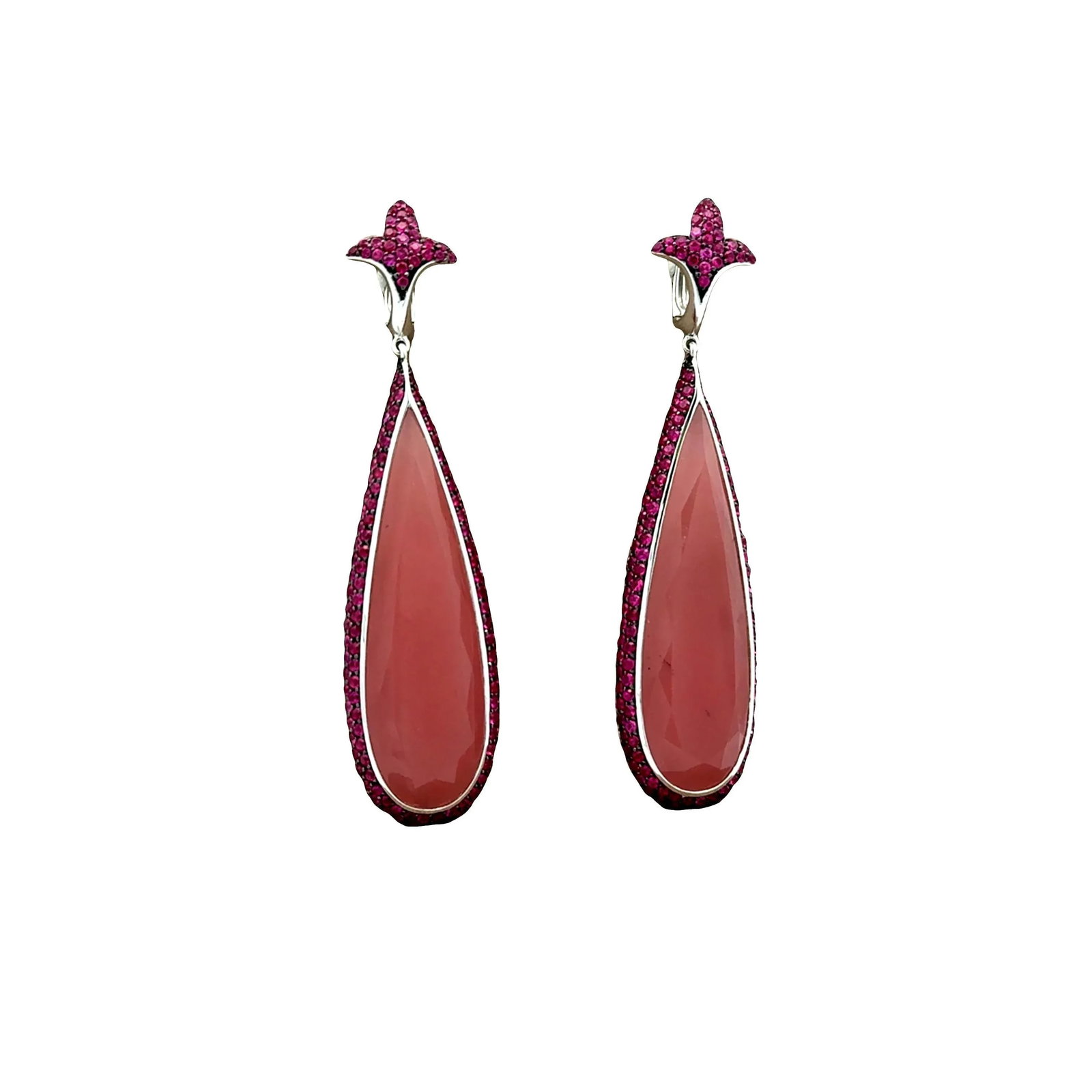 Rose Quartz Ruby 18k White Gold Drop Dangle Earrings- Set of 2 - 2