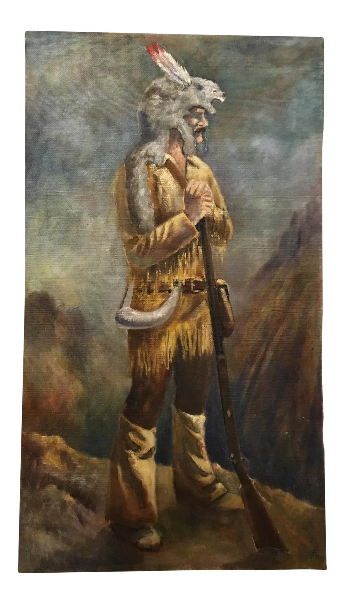 Mid 20th Century Portrait of a Frontiersman Oil Painting: Beautifully detailed and executed oil on canvas board painting. This piece depicts an early 19th century frontiersman with a mountain range landscape in the background. Features colors of brown,