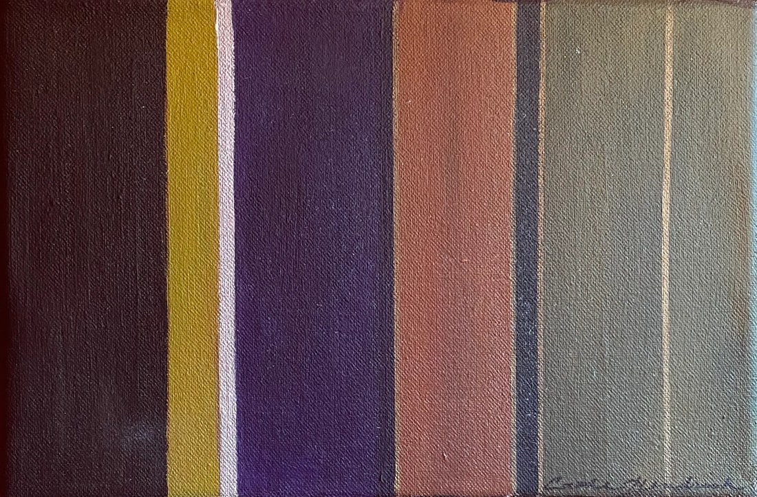 Stripe With Gold, Original Painting by Cathe Hendrick: This small oil on canvas painting was an exercise in creating balance in design and color. Condition: Imperfections: No Imperfections Condition Notes: not used Dimensions: Height: 8 in. Width: 12 in.