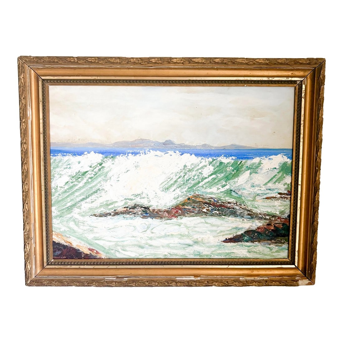 Ocean Waves Crashing on Rocks Painting, 1960's Textured Nautical Ocean Painting, Framed: Waves actively crashing over a rocky shore - nothing quite beats it. This unsigned acrylic textured painting on canvas board evokes a sense of nostalgia and also sound...it's almost like you can hear 