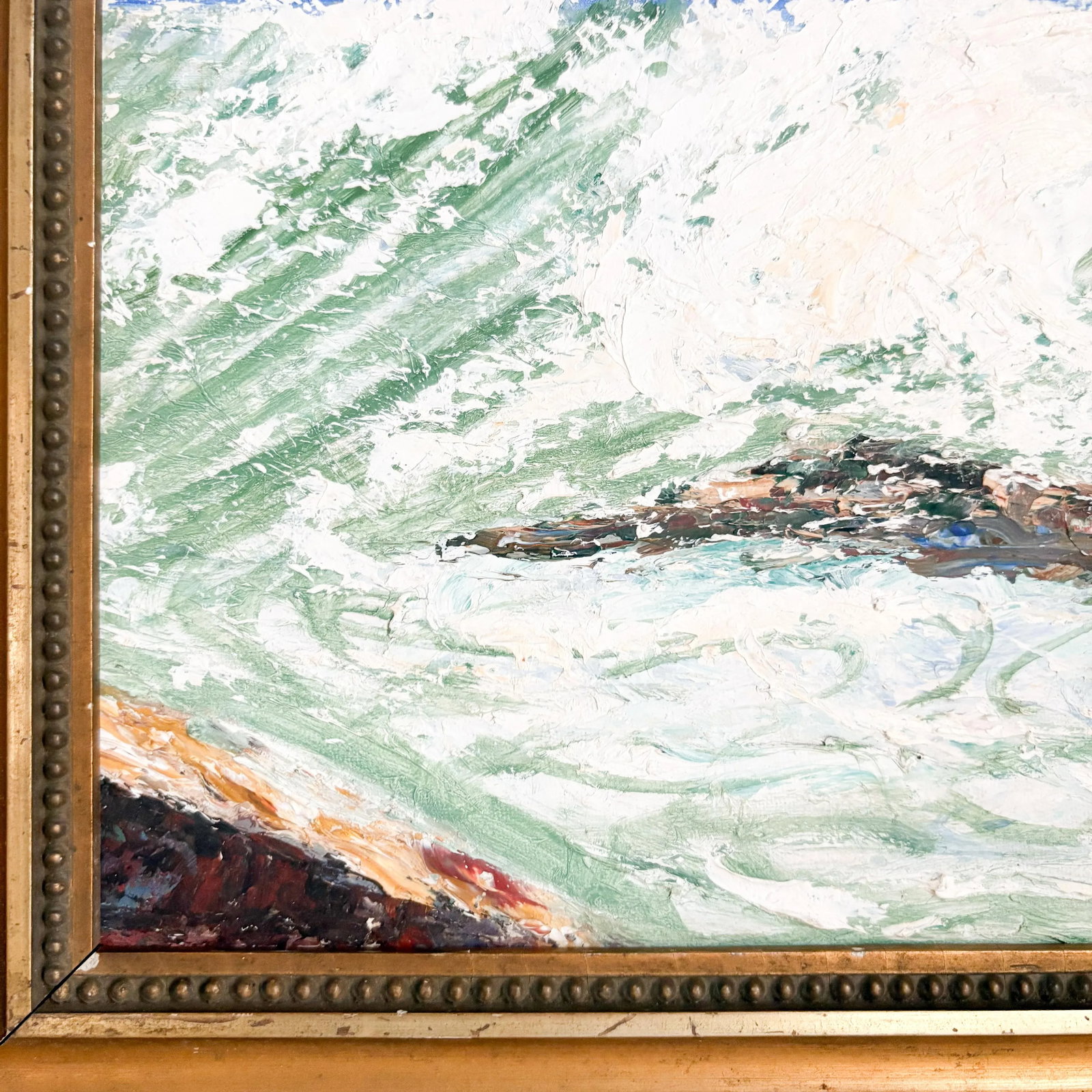 Ocean Waves Crashing on Rocks Painting, 1960's Textured Nautical Ocean Painting, Framed - 3
