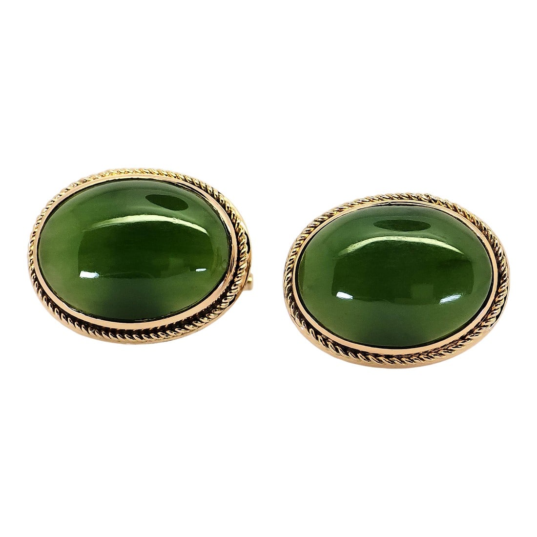 Mid 20th Century 12k Yellow Gold - Natural Green Jade Cabochon Cut: Cufflinks- Set of 2: 12K Yellow Gold Natural Jade Cufflinks Metal Type: 12K Yellow Gold Total Item Weight: 15.2 Grams 1: Stone: Natural Green Jade Stone Weight: 20 Ct Stone Shape: Cabochon Shape Stone Clarity: Top