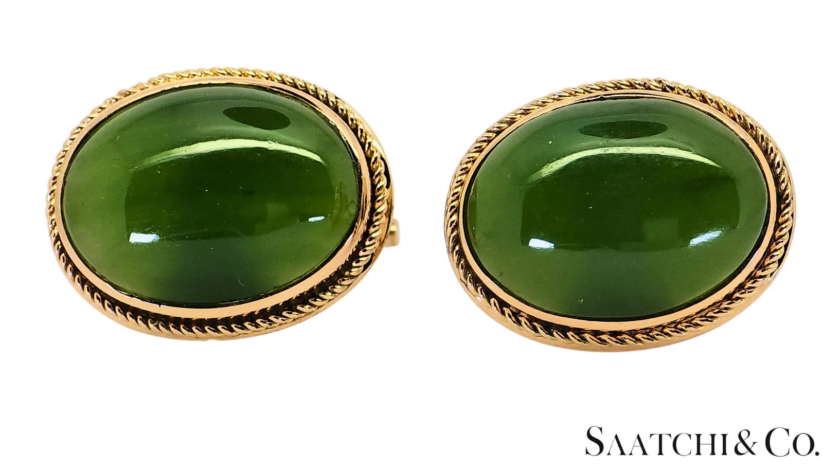 Mid 20th Century 12k Yellow Gold - Natural Green Jade Cabochon Cut: Cufflinks- Set of 2 - 2