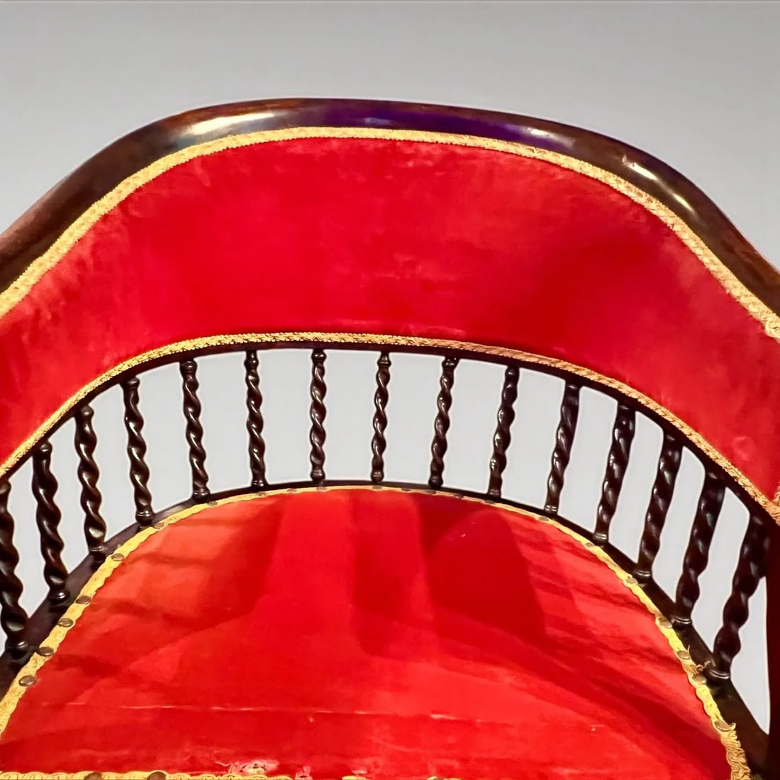 Antique 19th Century Barrel Back Banker Chair-Red Velvet-Barley Twist Legs-Victorian - 15
