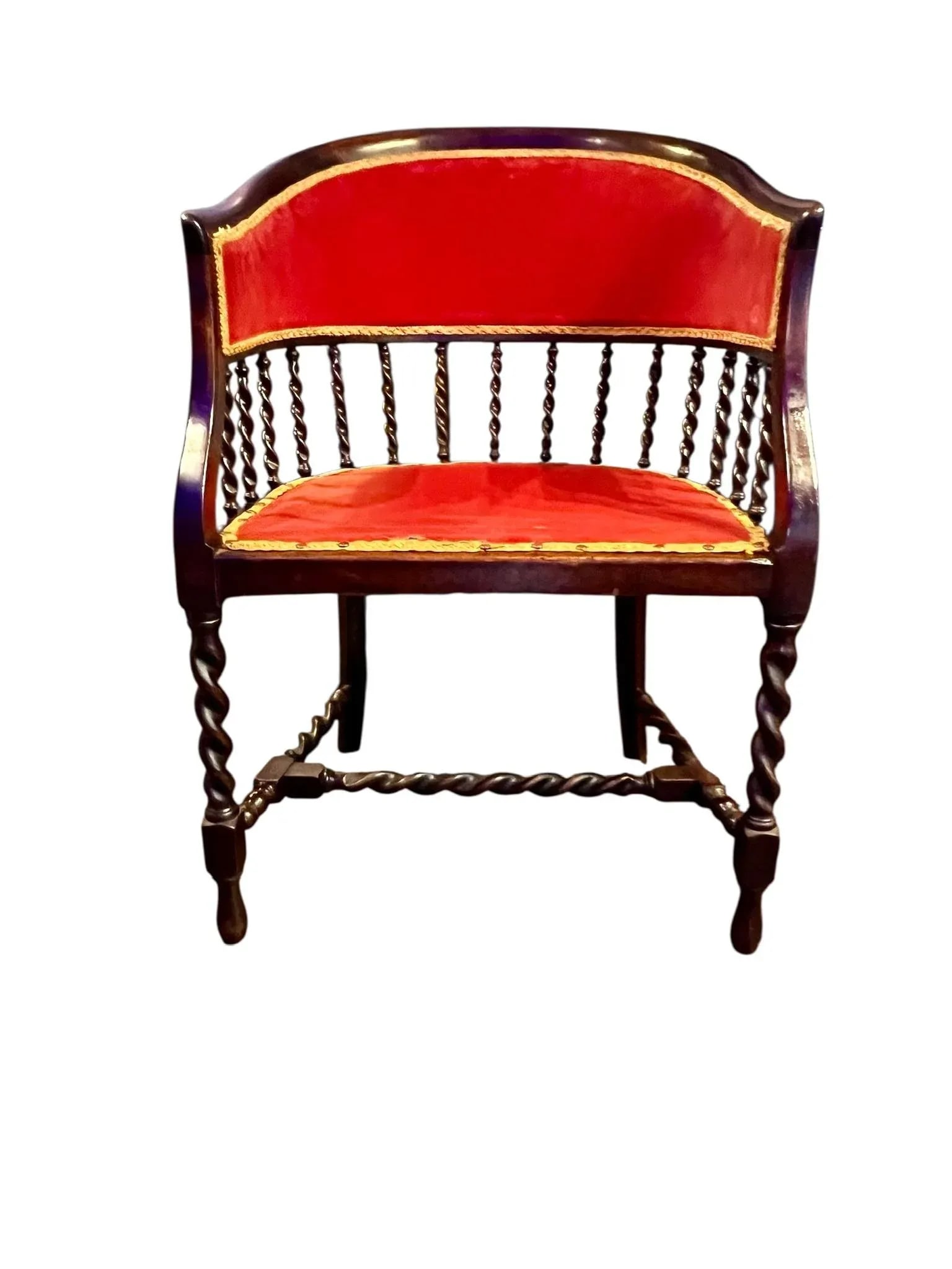 Antique 19th Century Barrel Back Banker Chair-Red Velvet-Barley Twist Legs-Victorian - 16