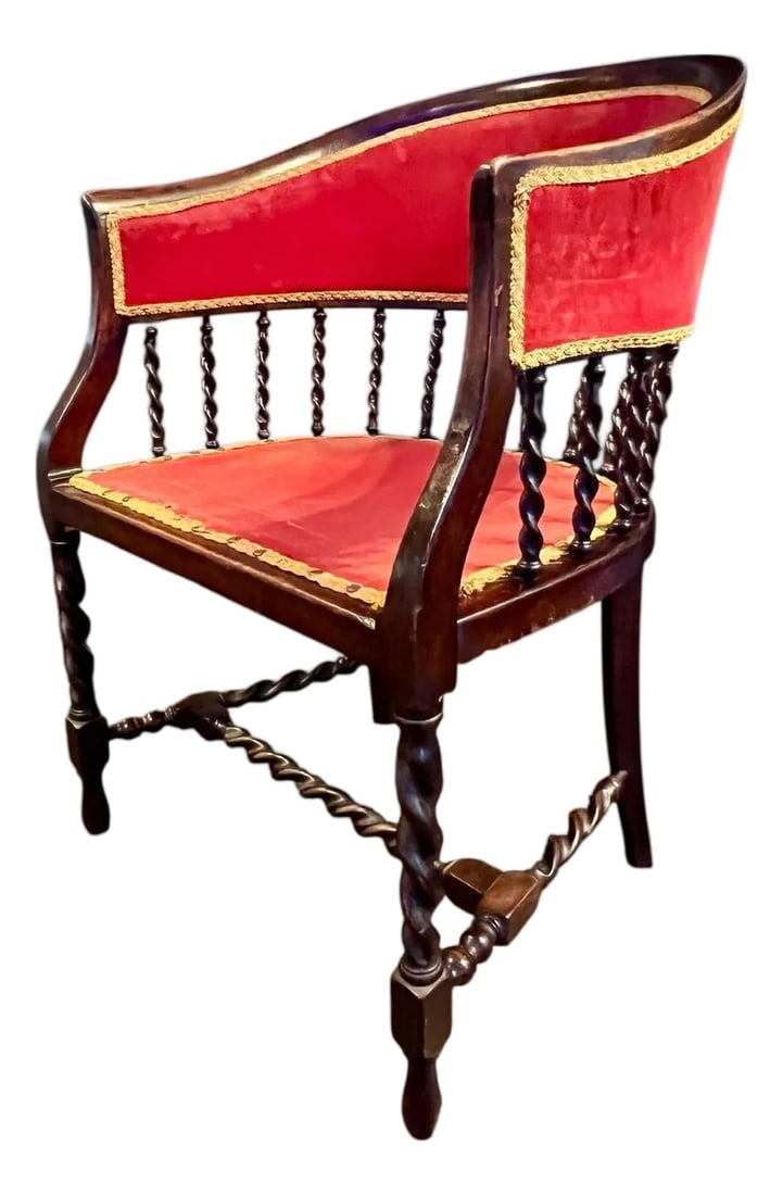 Antique 19th Century Barrel Back Banker Chair-Red Velvet-Barley Twist Legs-Victorian: An exquisite 19th-century English barrel-back banker's chair, crafted with timeless detail and enduring elegance. This antique writing chair features a gracefully curved back supported by finely