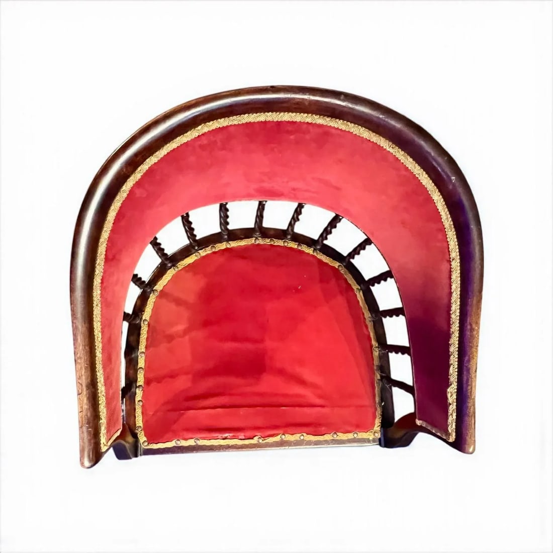 Antique 19th Century Barrel Back Banker Chair-Red Velvet-Barley Twist Legs-Victorian - 9