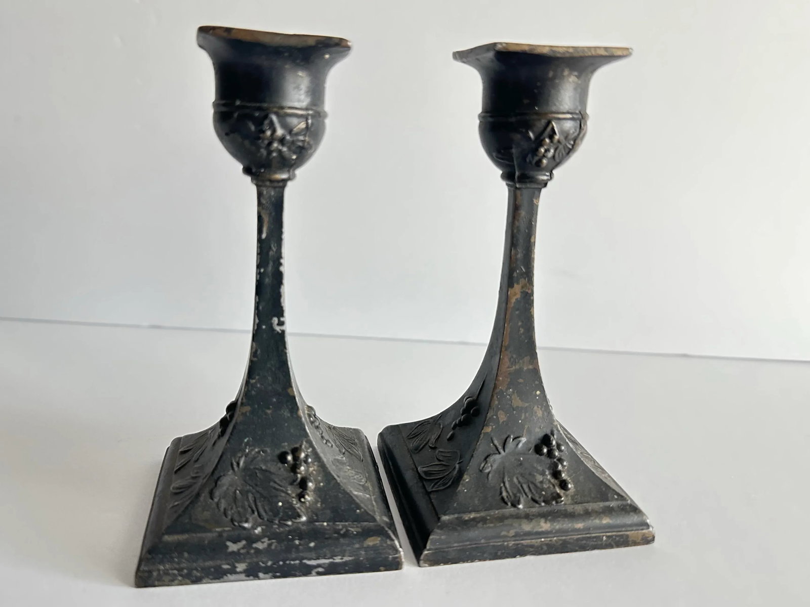 Antique Art Nouveau Grapes & Leaves Bronze Candlestick Holders- A Pair - 3