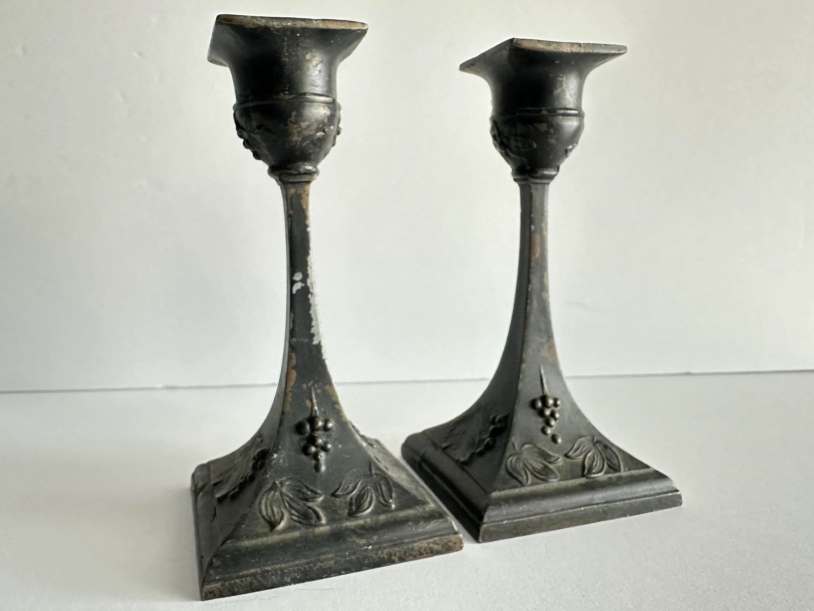 Antique Art Nouveau Grapes & Leaves Bronze Candlestick Holders- A Pair - 4