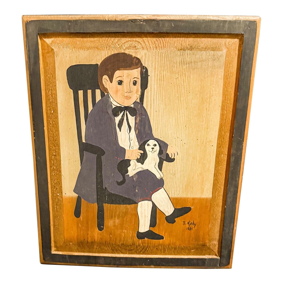 1980s Signed American Folk Art Painting on Board by J. Kirby. (1 of 4)