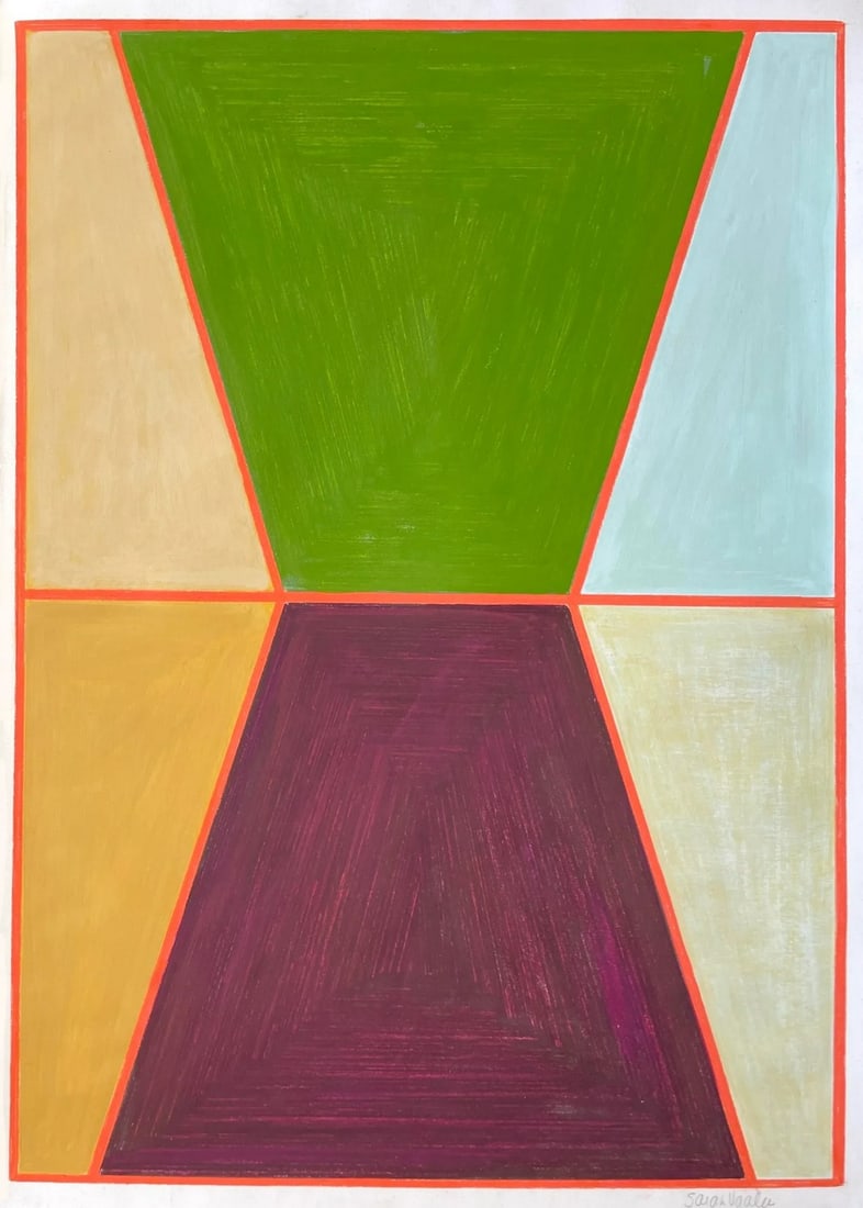 Geometric Painting With Orange Outline: This piece incorporates the unique effect of pairing color pencil and paint offering bold patterns and subtle texture. The dominant yellow-green color is complimented by plum, light blue, beige and