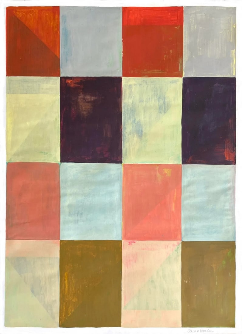Mixed Media Checkerboard Design, Original Painting by Sarah Vaaler: This colorful piece combines color pencil shapes washed over with various paint colors including red, light blue, cream, gray, salmon and plum on paper. Size: 22" x 30". Signed. Unframed. Condition: