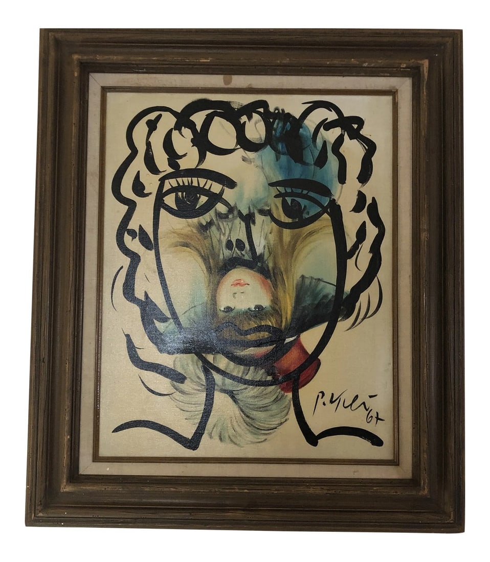 1967 Portrait of a Mother & Child Oil Painting by Peter Robert Keil, Framed: Vintage Oak Wood Framed Oil on Canvas Portrait of Mother & Child Unusual Abstract over surrealism themed realist Child Portrait Canvas, Anstract Condition: Alterations: Original Condition Unaltered