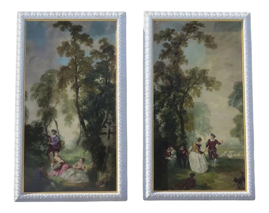 1920s French Oil on Board Paintings - a Pair: Pair of oil paintings depicting romantic French genre scenes. EX Denver Mansion c 1920. Site: 48" x 90" Frame 57 1/2" x 98" Condition: Alterations: Unknown Imperfections: Some Imperfections Condition