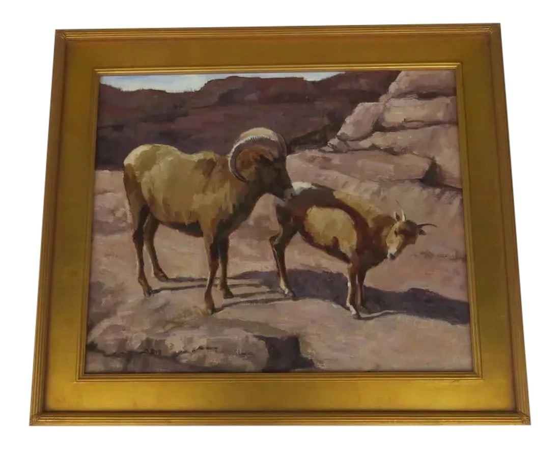 Spring Rituals Contemporary Oil Painting of Two Colorado Rams by Susan Bell, Framed: Painting on board, signed and dated. By Susan Bell, 2005. Title "Spring Rituals". Measures site 23 1/2" by 19 1/2". Gilt frame. Susan Bell is a painter of the contemporary west. A Colorado native and