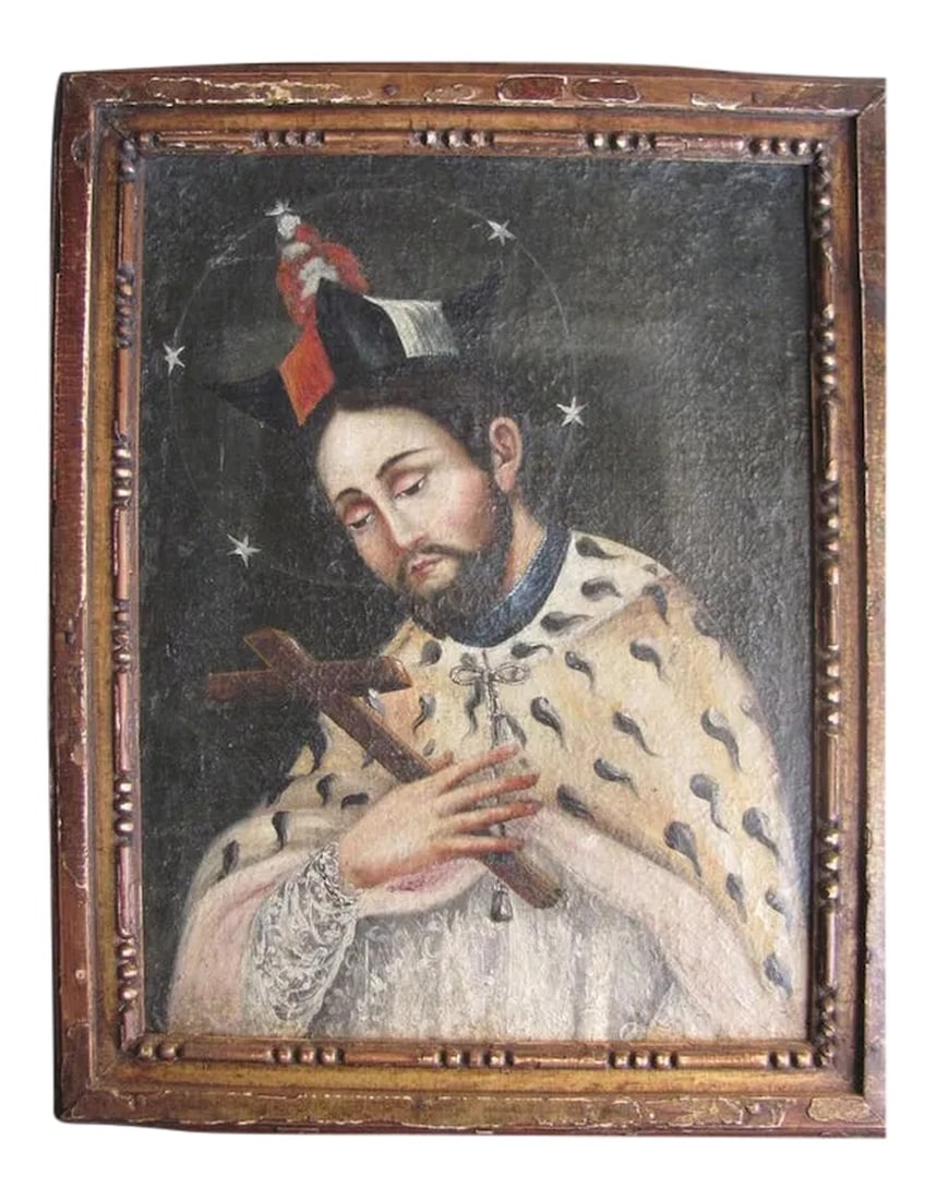 Mid 18th Century Portrait of a Priest of Saint Oil Painting, Framed: Oil on canvas mounted on board of a priest or saint in ermine robe with crucifix. Measures 15 1/2" by 20". Carved gilt frame, some losses. Condition: Alterations: Unknown Imperfections: Some