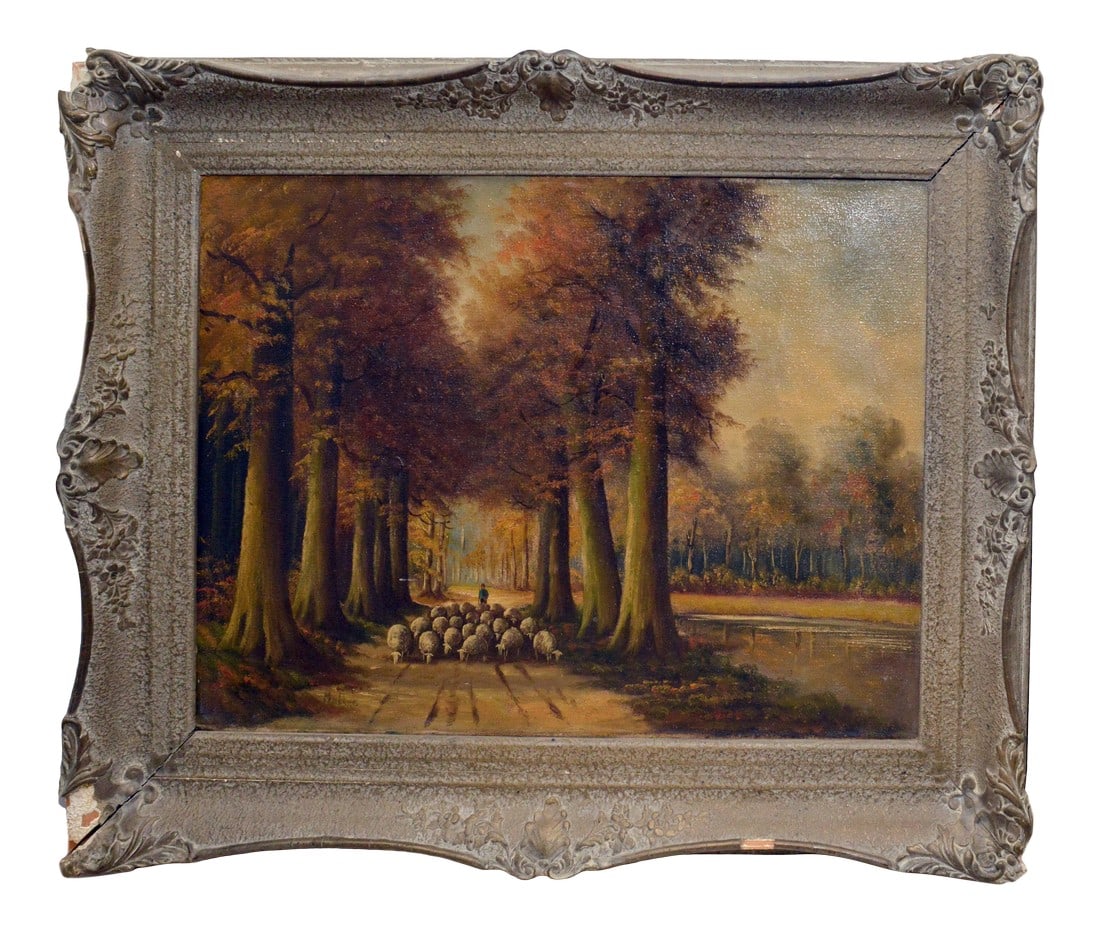 1950s "Cattleman" Rural Landscape Oil Painting, Framed: Beautiful Vintage Oil Painting of Cattleman on canvas signed please check photo as the frame is very old and has some damage Size: 28" x 36" Condition: Alterations: Original Condition Unaltered