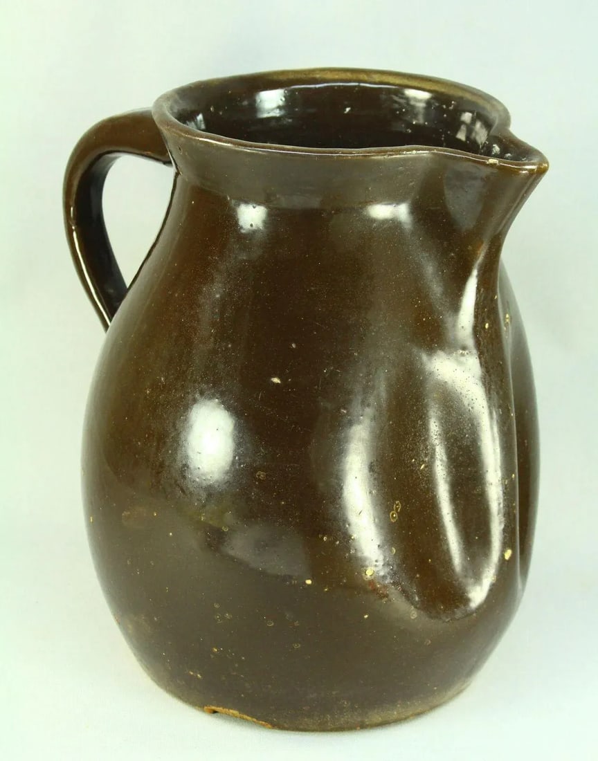 1800's Brown Glaze Stoneware Large Pitcher Ewer 12" Earthenware Jug - 13