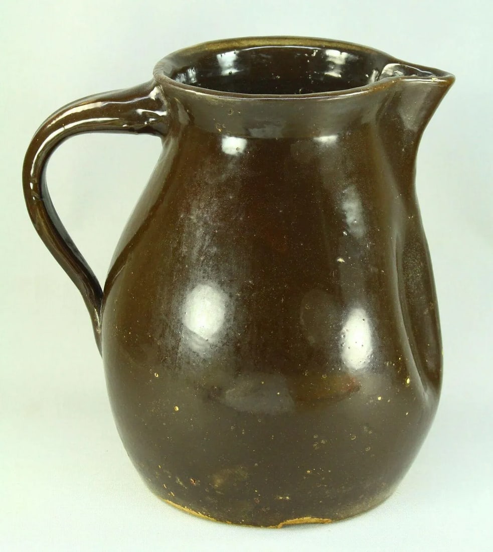1800's Brown Glaze Stoneware Large Pitcher Ewer 12" Earthenware Jug - 9