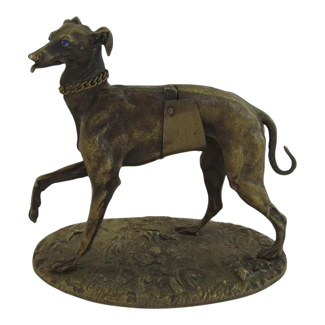 Bronze Greyhound Dog Sculpture by Alphonse Giroux c 1860: French Greyhound dog bronze sculpture. I believe the dog held paper under the front paw. There is a spring inside that has come unattached. Maison Alphonse Giroux. Marked on the side of base.
