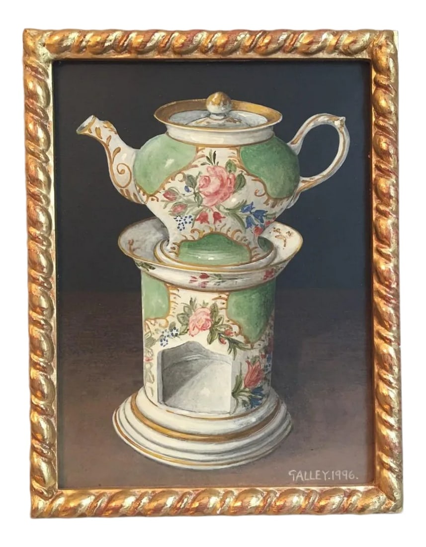 English Teapot Still-Life Painting by Galley, Framed: Charming still life painting of an English porcelain teapot and candle warmer. The pale green teapot is decorated with pink roses and other pale flowers with foliage and trimmed with gold. The artist