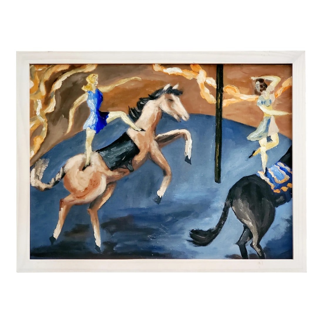 1950s "Blue Bigtop" Circus Acrobat Oil Painting by Anne Woodford, Framed: Blue Bigtop 1950s Circus Acrobat Oil Painting by Anne Woodford, Framed. Oil Painting on Canvas Board: 12 x 16 x.25 Contemporary Birch Frame: 17.25 x 13.25 x 1.5 Early 1950's oil on canvas board.