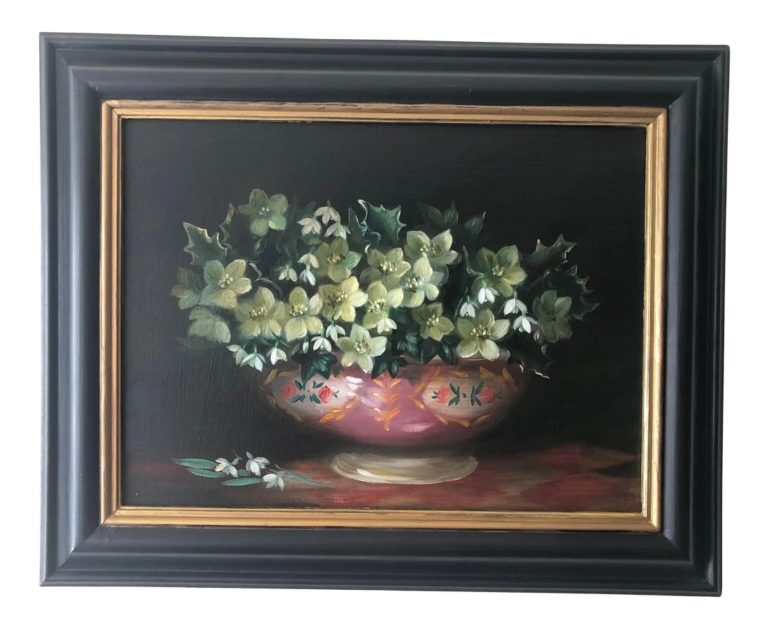 20th Century English Floral Still Life Oil Painting, Framed: 20th Century still life oil on a wooden panel. Unsigned. Beautiful black wooden frame with gold inset encases the painting of flowers arranged in a footed porcelain bowl. Although it was painted in