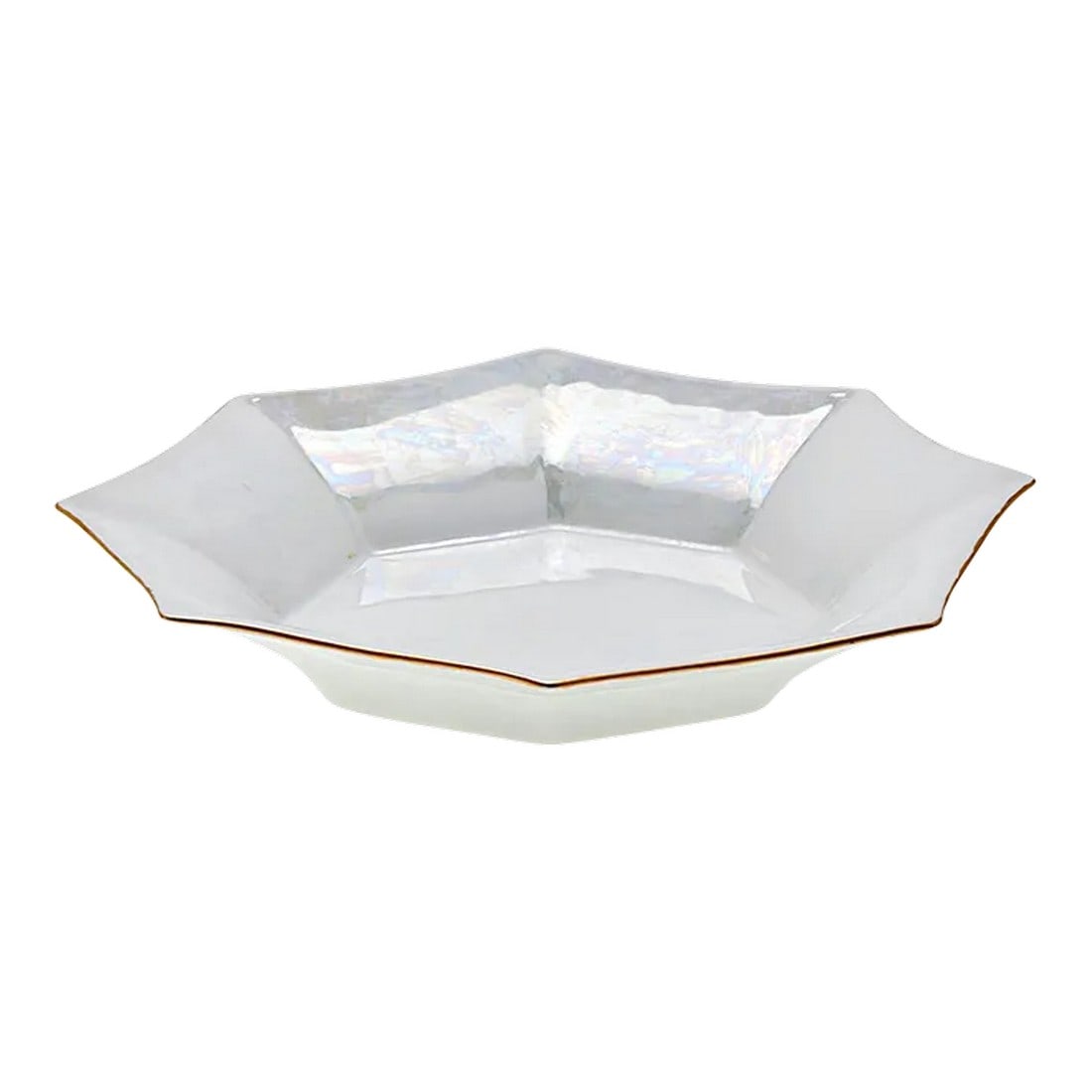 Vintage French Limoges Porcelain Pearlized Octagonal Serving Bowl: Limoges decorative bowl with octagonal side panels. Pearlized finished. Gold edging. Condition: Alterations: Original Condition Unaltered Imperfections: Some Imperfections Condition Notes: A tiny chip