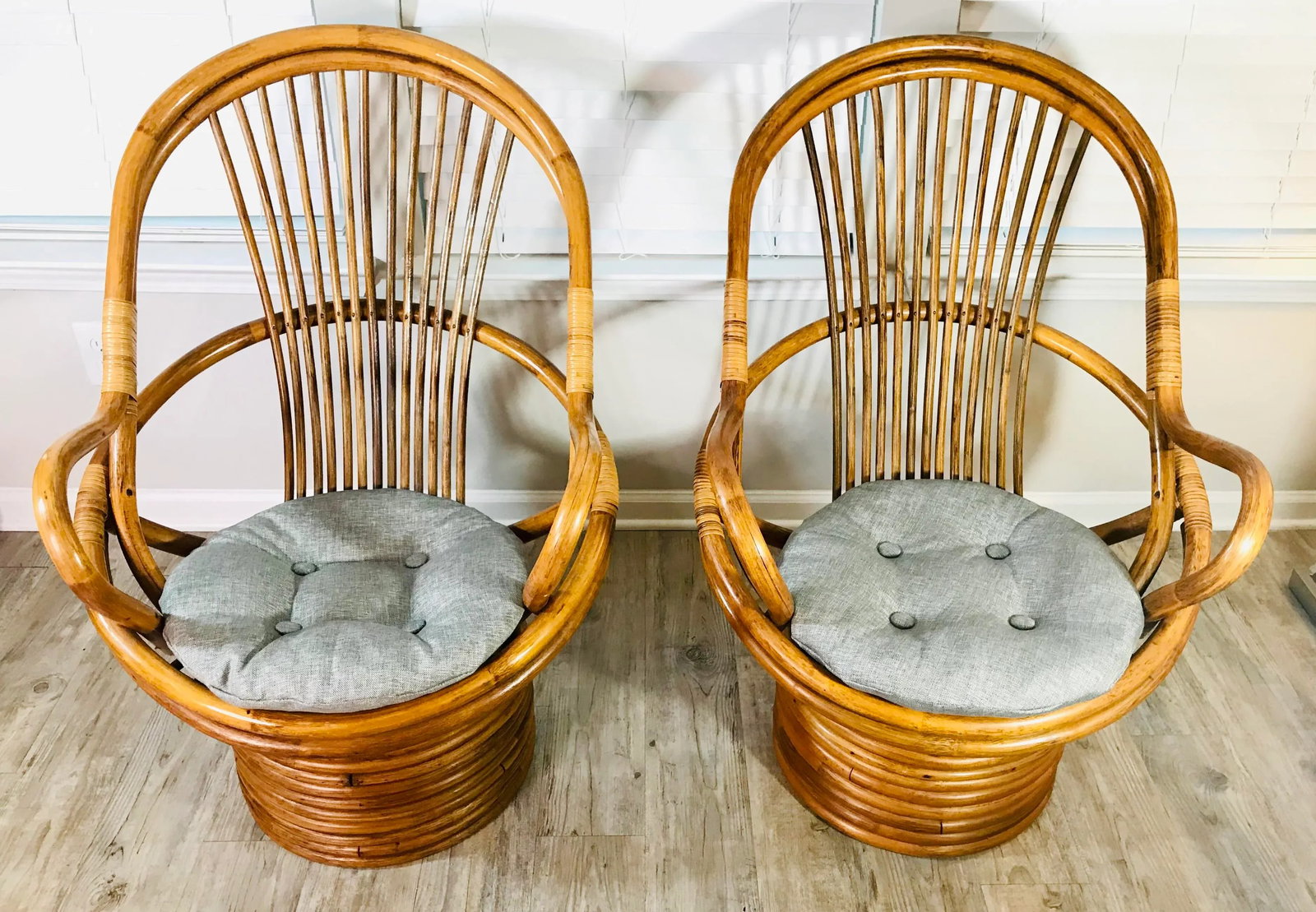 Vintage Paul Frankl Style Bamboo Rattan Swivel Chairs - Set of 2 - 2