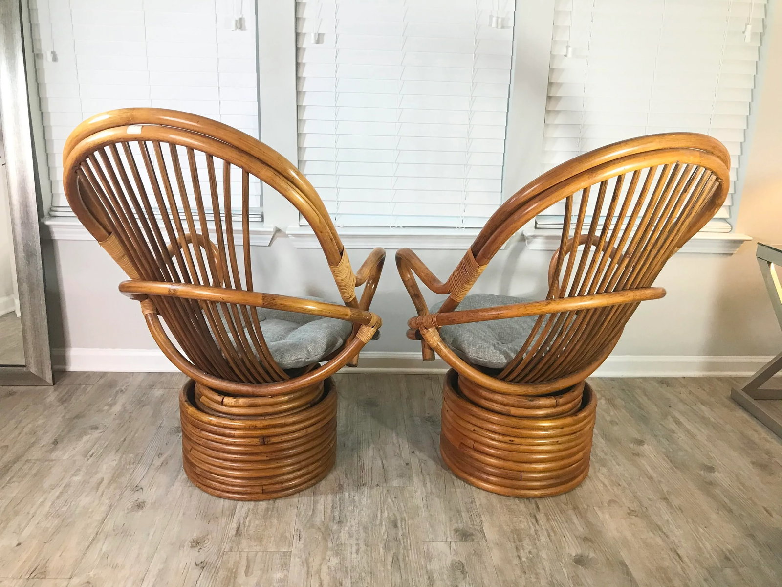 Vintage Paul Frankl Style Bamboo Rattan Swivel Chairs - Set of 2 - 5