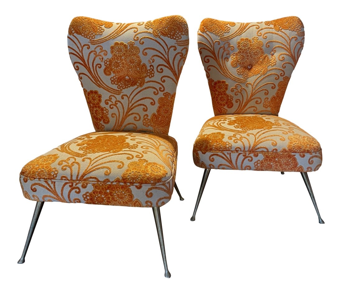 1950s Vintage Ico Parisi Style Club or Cocktail Chairs - a Pair: Pair of midcentury club or cocktail chairs Ico Parisi Style . Original fabric with flowers decorative motives. Original brass legs with original patina . Unique and rare items for collectors. Mixes